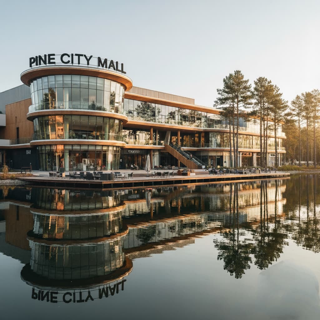 Beautiful exterior view of Pine City Mall surrounded by pine trees